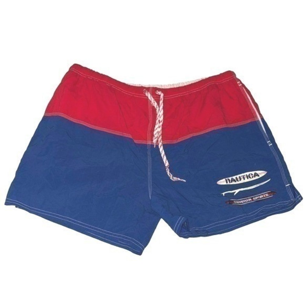 VTG 90s Nautica Colorblock Swim Trunks Mens XL Red Blue Mesh Lined Retro Shorts